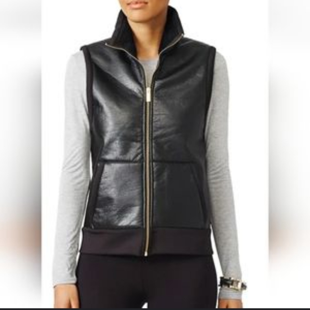ALALA Black Faux Leather Vest Pockets Fleece Lined Zip Closure SZ XS